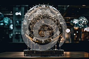 A close up of a clock on a table. AI generative image.
