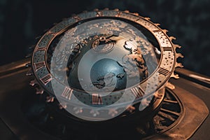 A close up of a clock on a table. AI generative image.