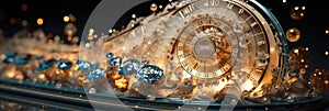 A close up of a clock on a table. Generative AI image.