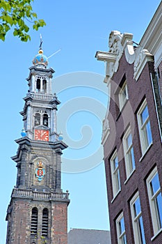 Close-up on the clock tower of Westerkerk church in Jordaan, Amsterdam, Netherlands photo