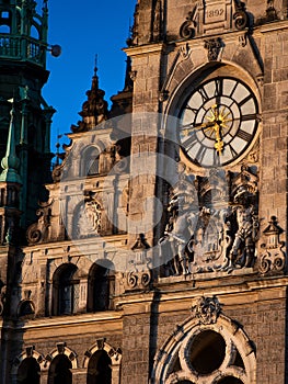 Close up clocks on old cathedral in the center of Liberec, Czech Republic