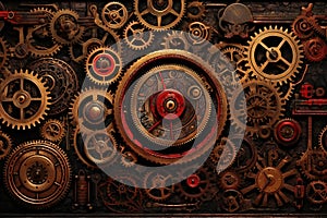 Close-up of clockwork gears and cogwheels on a dark background