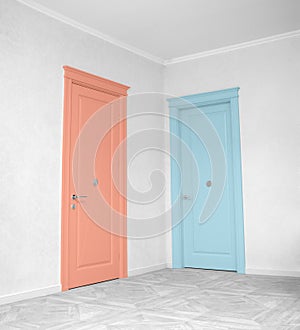 Close up of closed wooden door in the empty room