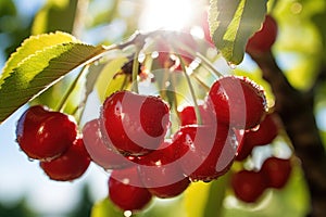 Close up of a cluster of cherries hanging on a branch with glowing leaves and water droplets