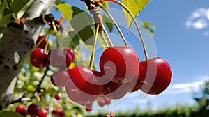 Close up of a cluster of cherries hanging on a branch with glowing leaves and water droplets