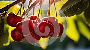 Close up of a cluster of cherries hanging on a branch with glowing leaves and water droplets