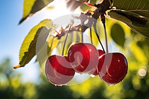 Close up of a cluster of cherries hanging on a branch with glowing leaves and water droplets