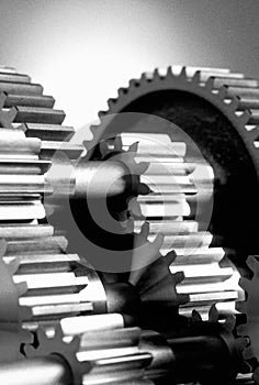 Close-up of a cluster of gears working together