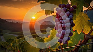 Close-up of a cluster of grapes with background, vine leaves, sunset.