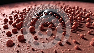 Close-up of a cluster of red and black spheres on a textured surface