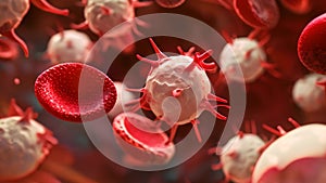 A close-up of a cluster of red and white blood cells flowing through a human bloodstream, Vivid, macro view of a group of white