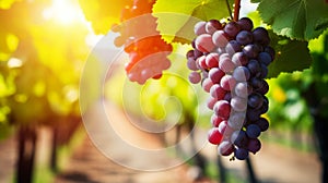 Close up of a cluster of ripe grapes hanging on a vine in a picturesque vineyard setting