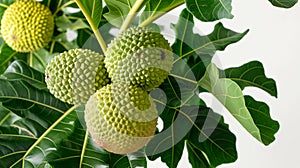 Close-up of a cluster of vibrant green breadfruit on a tree, showcasing their distinctive, spiky texture. The lush, veined leaves