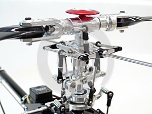 Close-up CNC Aluminium Main Rotor Head for radio-controlled helicopter.