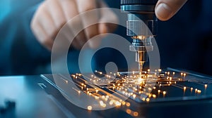 A close-up of a CNC machine in operation, focusing on the drill head as it cuts into a metal surface. photo