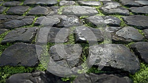 Close-up of a Cobblestone Path with Green Moss