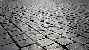 Close-up of cobblestone street in Rome, Italy.