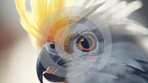 A close-up of a cockatiel\'s curious face as it gazes trustingly at its owner