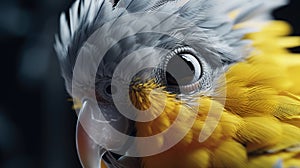 A close-up of a cockatiel\'s curious face as it gazes trustingly at its owner