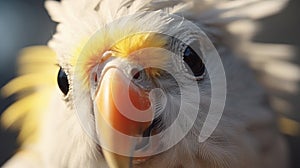 A close-up of a cockatiel\'s curious face as it gazes trustingly at its owner