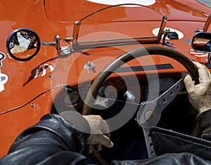 Close-up of the cockpit of vintage retro sports car.