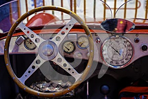 Close-up of the cockpit of vintage retro sports car.