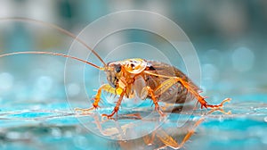 Close-up of a cockroach on a reflective surface with a shallow depth of field. Entomology and urban wildlife concept