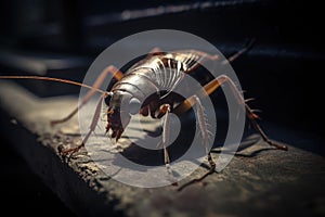 A close - up of a cockroach in urban alley