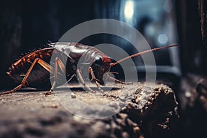 A close - up of a cockroach in urban alley