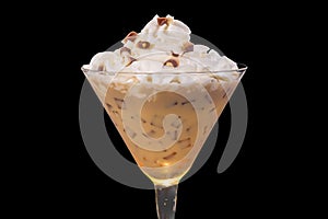 Close up of a cocktail served in a martini glass with a dollop of whipped cream with chocolate shavings