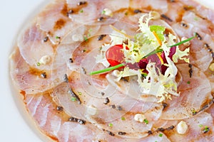 Close up of cod carpaccio.