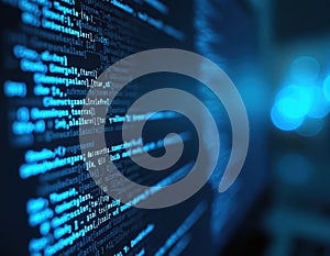 Close-up of code on computer screen with digital blue overlay. Data security, software development concept. Information,