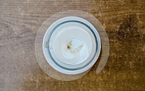 Close up coffe foam on a wood table