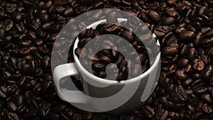 Top view of coffee bean falling in to coffee cup surrounded by bean. Comestible. photo