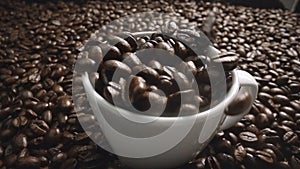 Top view of coffee bean falling in to coffee cup surrounded by bean. Comestible. photo