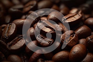 Close up coffee beans background. AI generated.