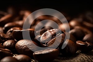 Close up coffee beans background. AI generated.