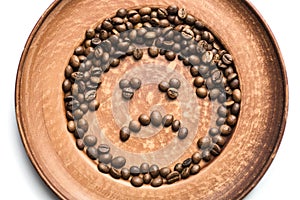 Close up of coffee beans on brown plate