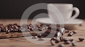 Close-up of coffee beans and dark chocolate on a wooden table, with a blured white cup in the background, copy space