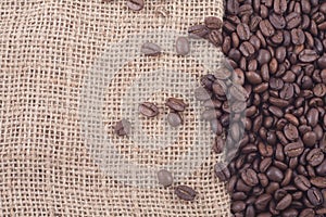 Close up of coffee beans on jute