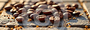 Close-up of coffee beans on rustic surface in warm sunlight