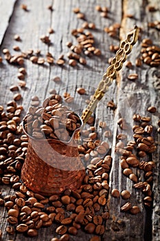 Close-up of coffee beans in Turkish cezve