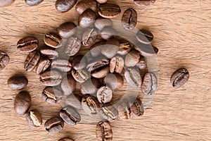 Close up of coffee beans on wooden desk