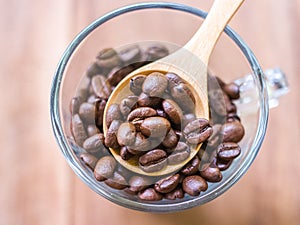 Close up Coffee beans wooden spoon