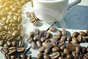 Close up of coffee beans on the wooden table