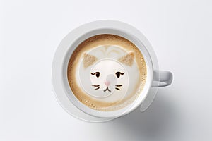 Close up of a coffee cup with a cat shaped latte art. Generative AI.