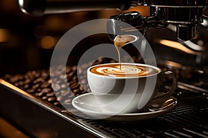 Close-up of coffee machine expertly pouring steaming cup of fragrant freshly brewed coffee