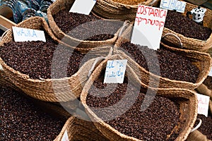 Close Up Coffee Wicker Baskets in Arabic Market Costa Rica Coffee photo