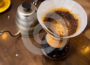 Close up of coffeemaker and coffee pot photo