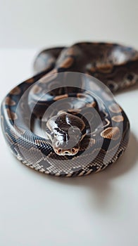 Close-up of a coiled ball python on a white background, wildlife and reptile concept